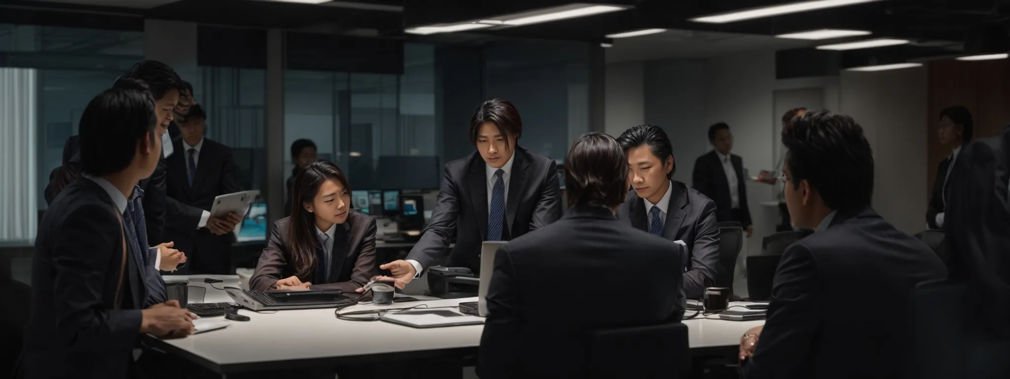 a team of professionals gathered around a computer, discussing graphs and strategy in a modern office setting.