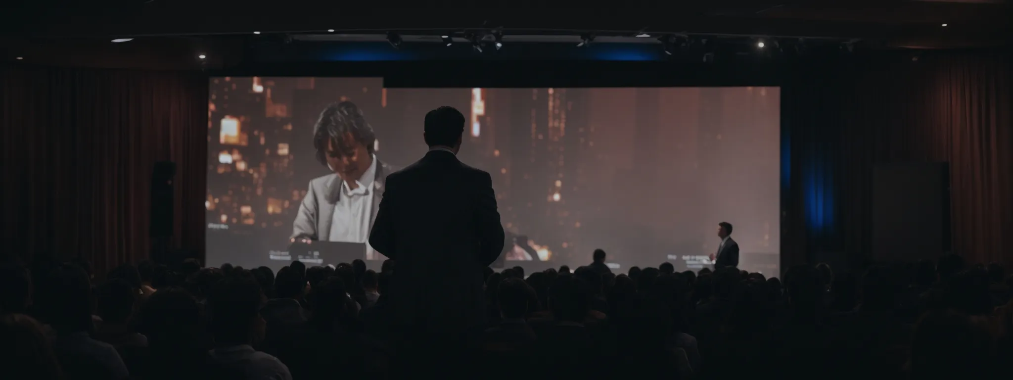 john mueller stands before a large screen displaying mobile seo strategies, addressing an attentive audience of digital marketers.