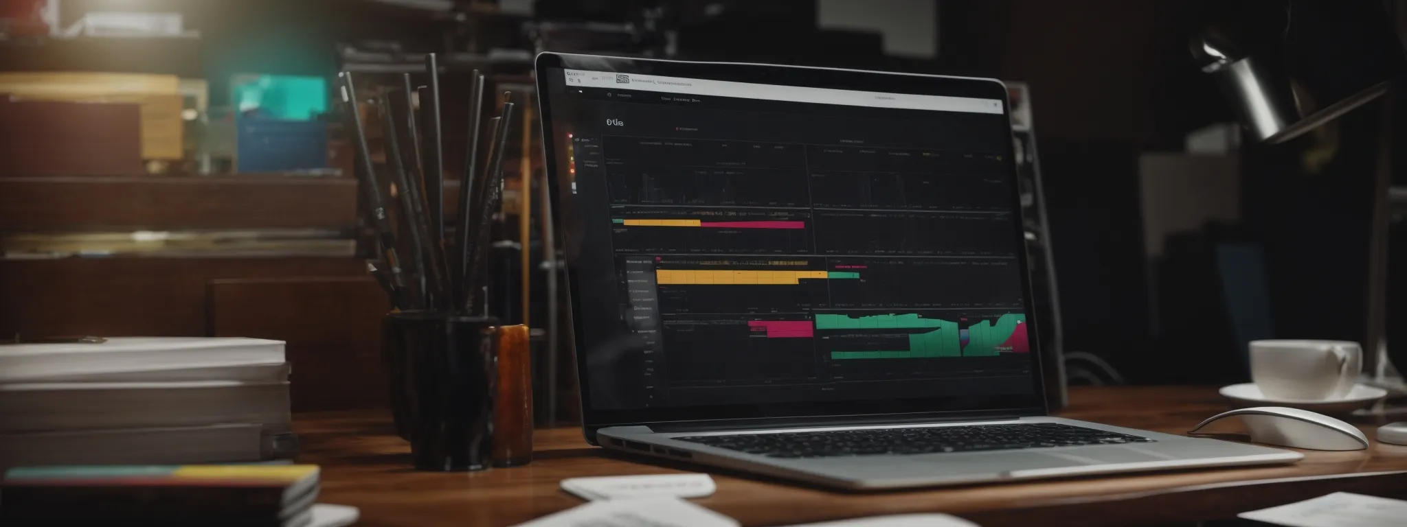 a desktop with an open laptop showing colorful analytics graphs and a calendar marked with holiday dates.