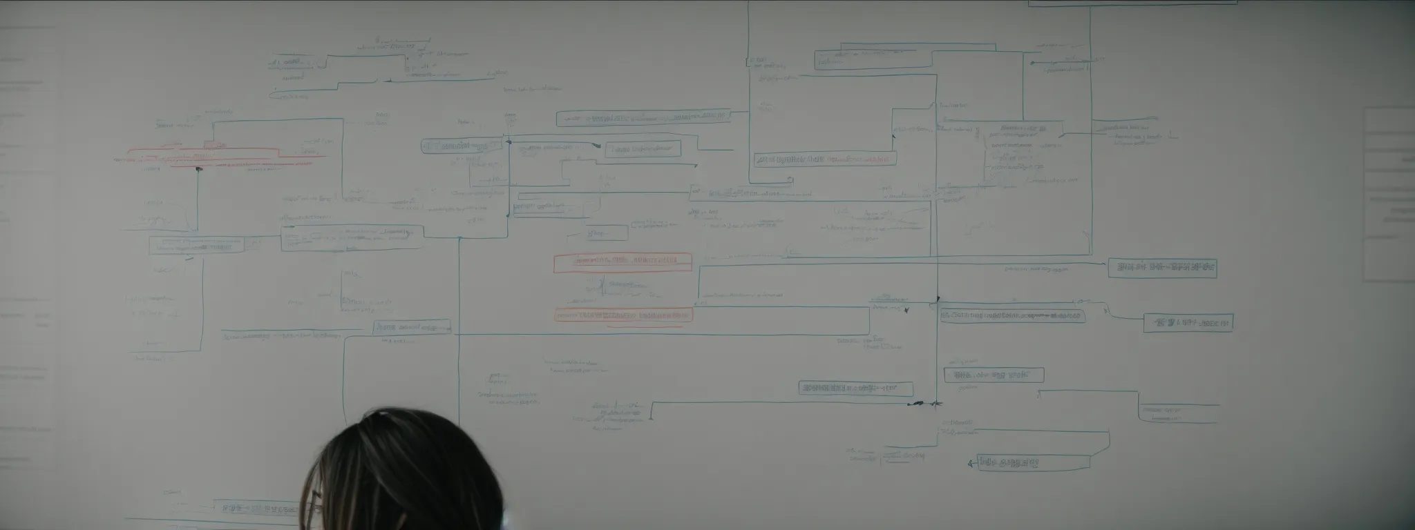 a person staring at a complex flowchart on a whiteboard depicting website architecture and redirection strategies.