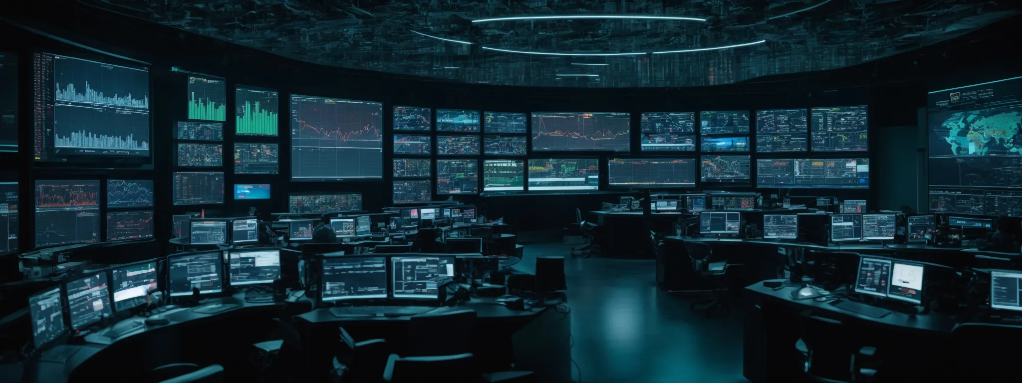 a futuristic control room filled with screens displaying global data analytics, reflecting the global seo vision at the core of searchmetrics and marcus tober's partnership.