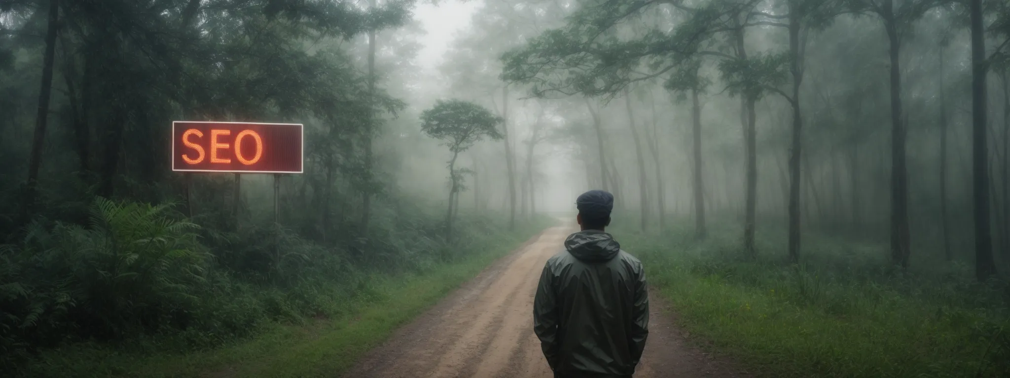 a digital marketer contemplates a split road sign with one path leading to a lush forest labeled 