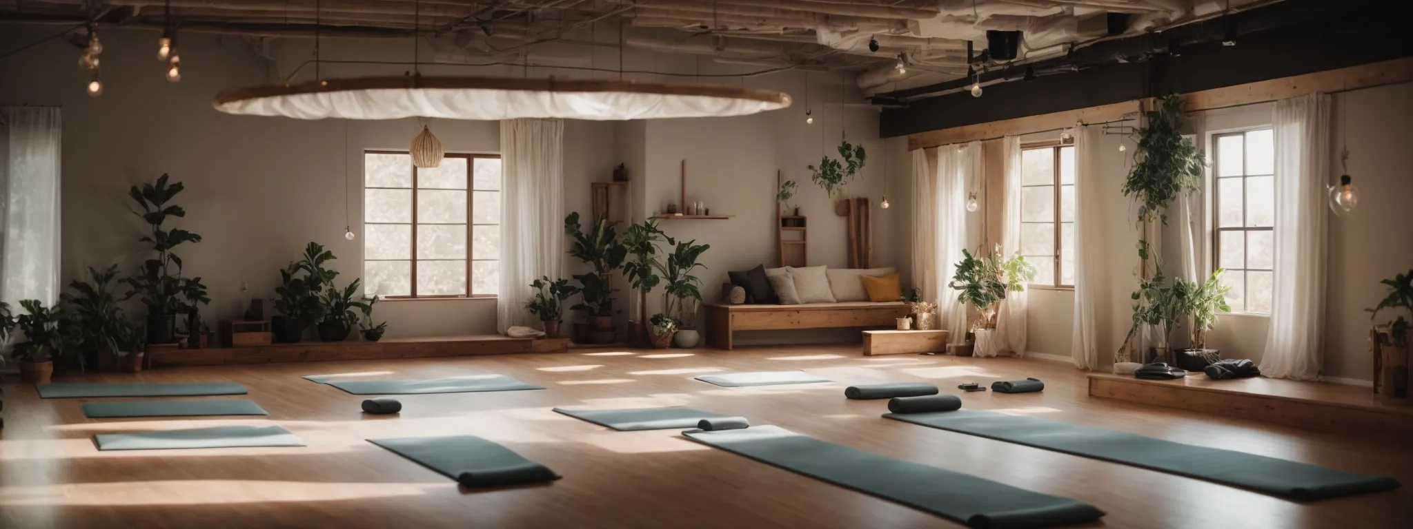 a serene studio filled with yoga mats, tranquil lighting, and a harmonious ambiance inviting virtual connection.