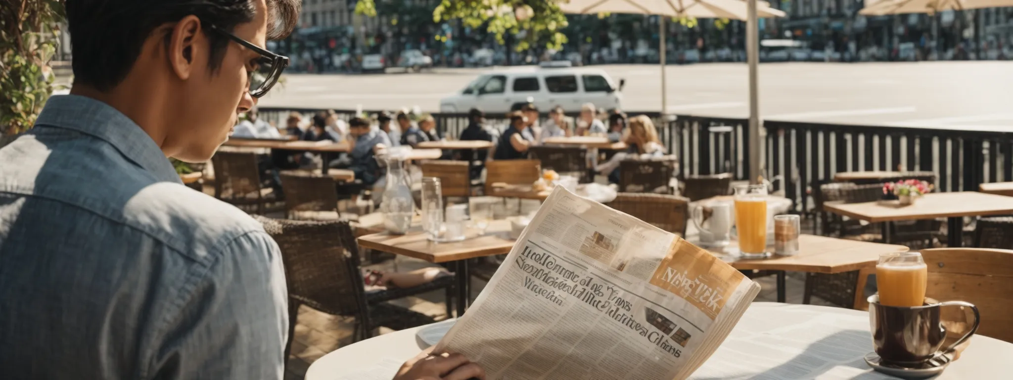 a person casually reading the new york times at a sunny cafe terrace, with various sections of the newspaper neatly spread out on the table.
