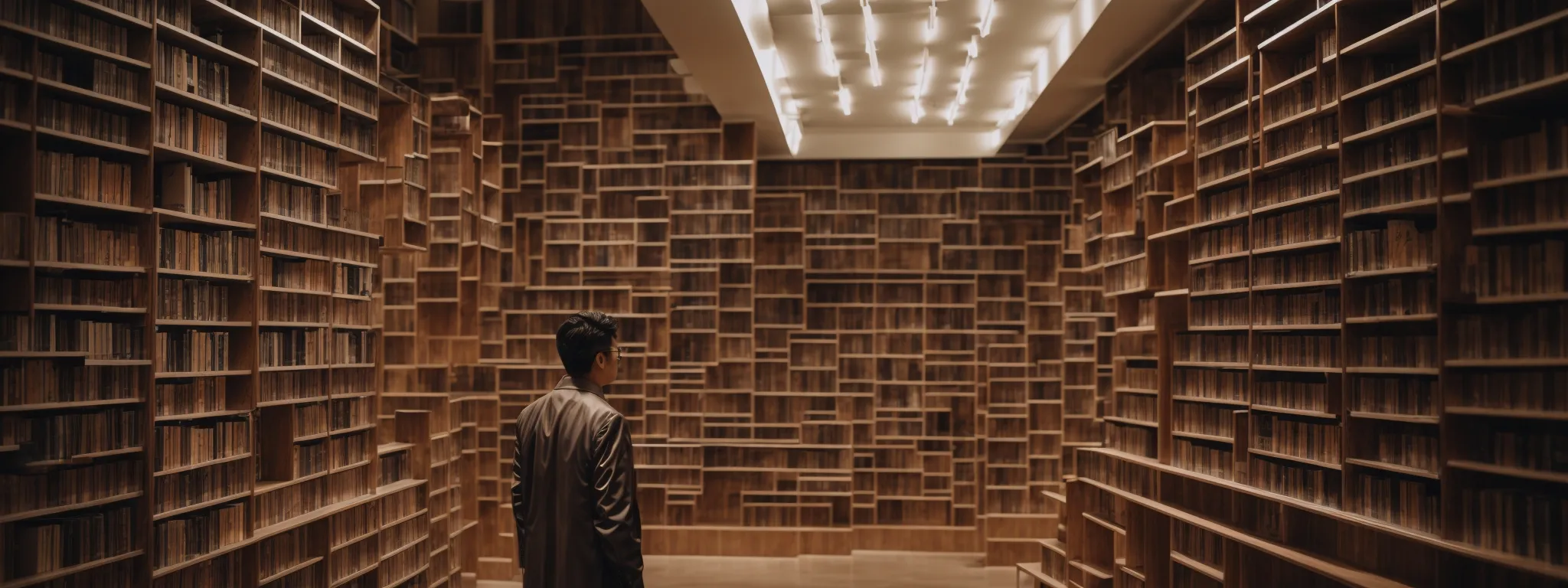 a person stands surrounded by a maze of library shelves, highlighting the concept of navigating through vast information spaces.