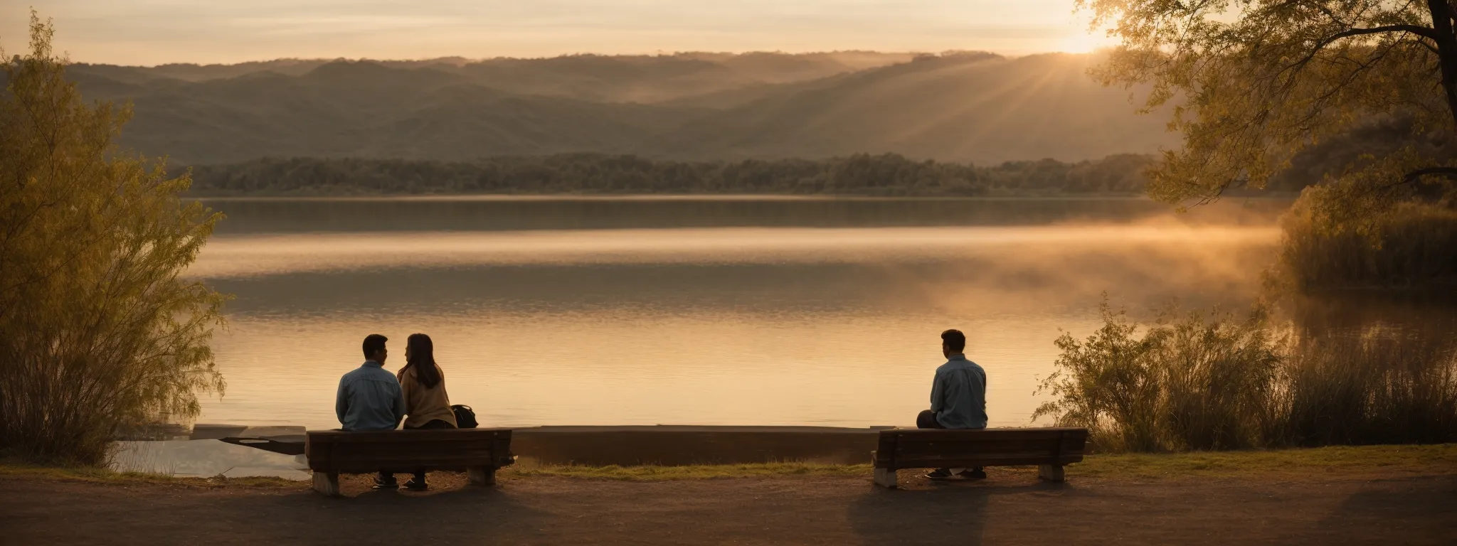 two individuals are deep in conversation on a serene lakeside bench at dusk, with the tranquil water reflecting the soft glow of the setting sun.