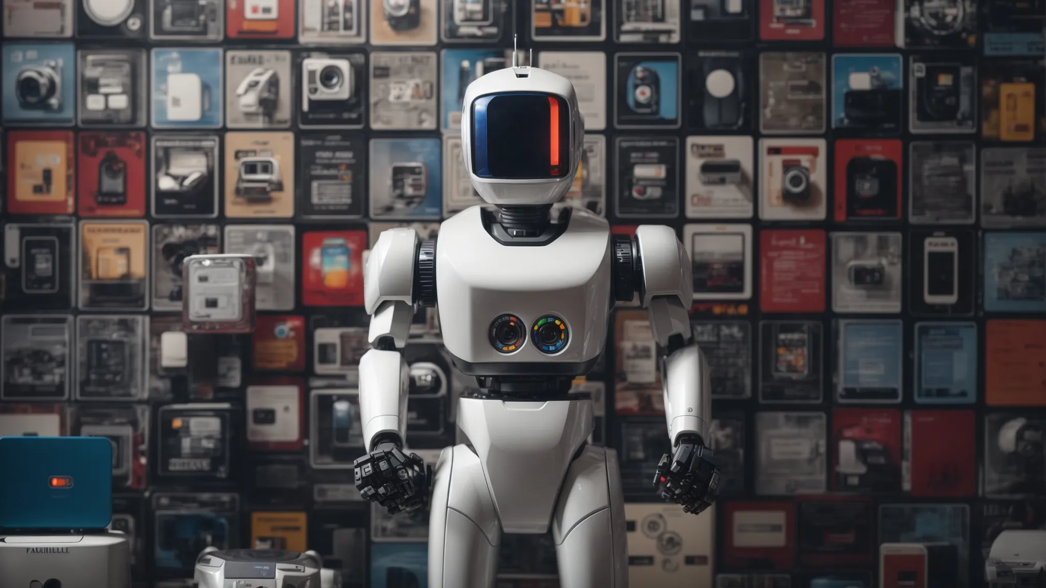 a robot standing amidst large social media icons with strategic marketing graphs in the background.