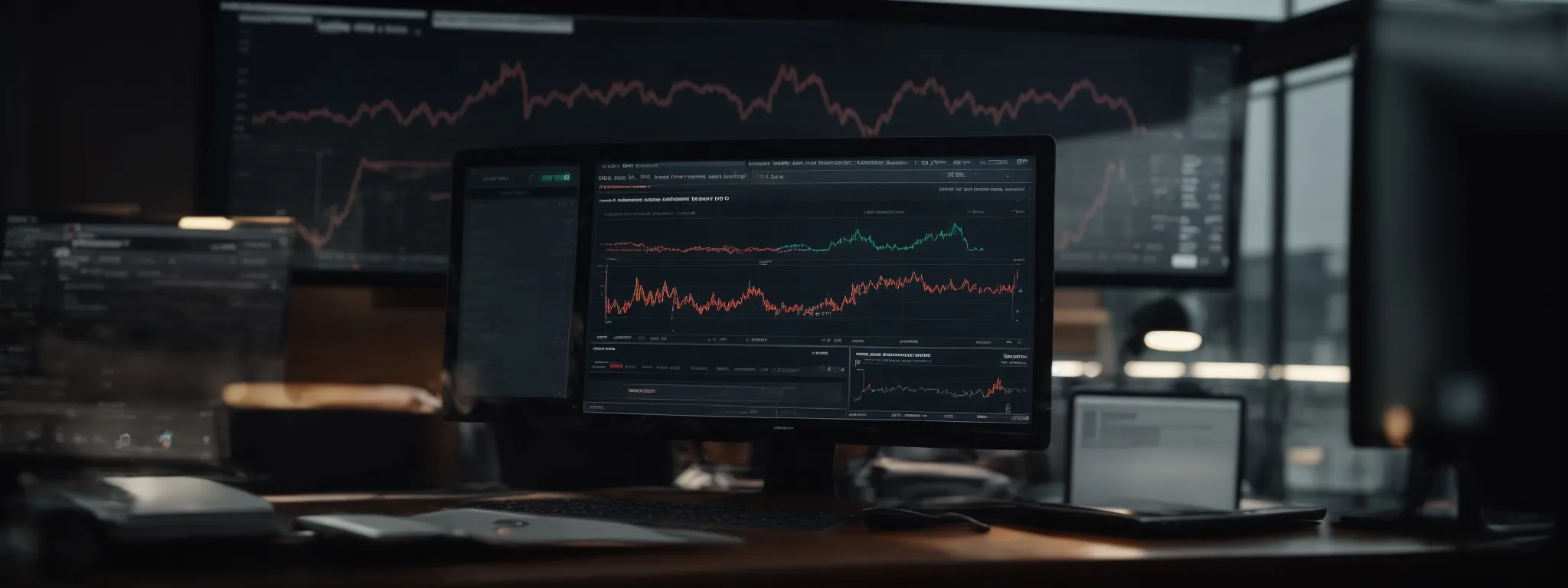 a screen displaying a graph tracking website traffic and a dashboard of seo tools in the background.