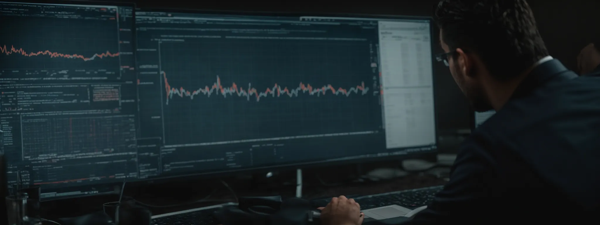 a professional at a computer analyzes data and graphs on a screen, signifying strategic keyword research for seo.