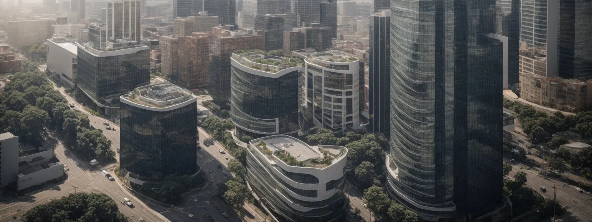 a high-rise office building symbolizes a reputable company in the heart of a bustling business district, intertwined with a network of roads representing connection and traffic flow.