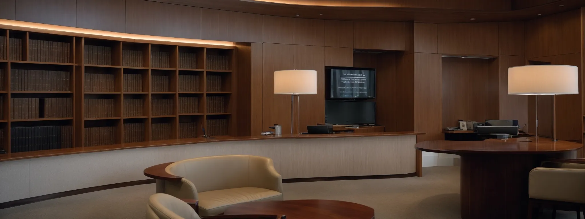 an austere law firm's reception area with a prominently displayed bookshelf filled with legal volumes and an informational screen.
