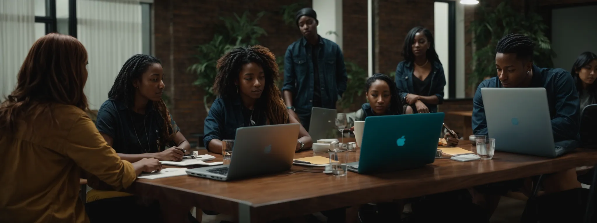 a diverse group of people sits around a large, modern table, intently focused on a laptop displaying a colorful interface while discussing strategies.