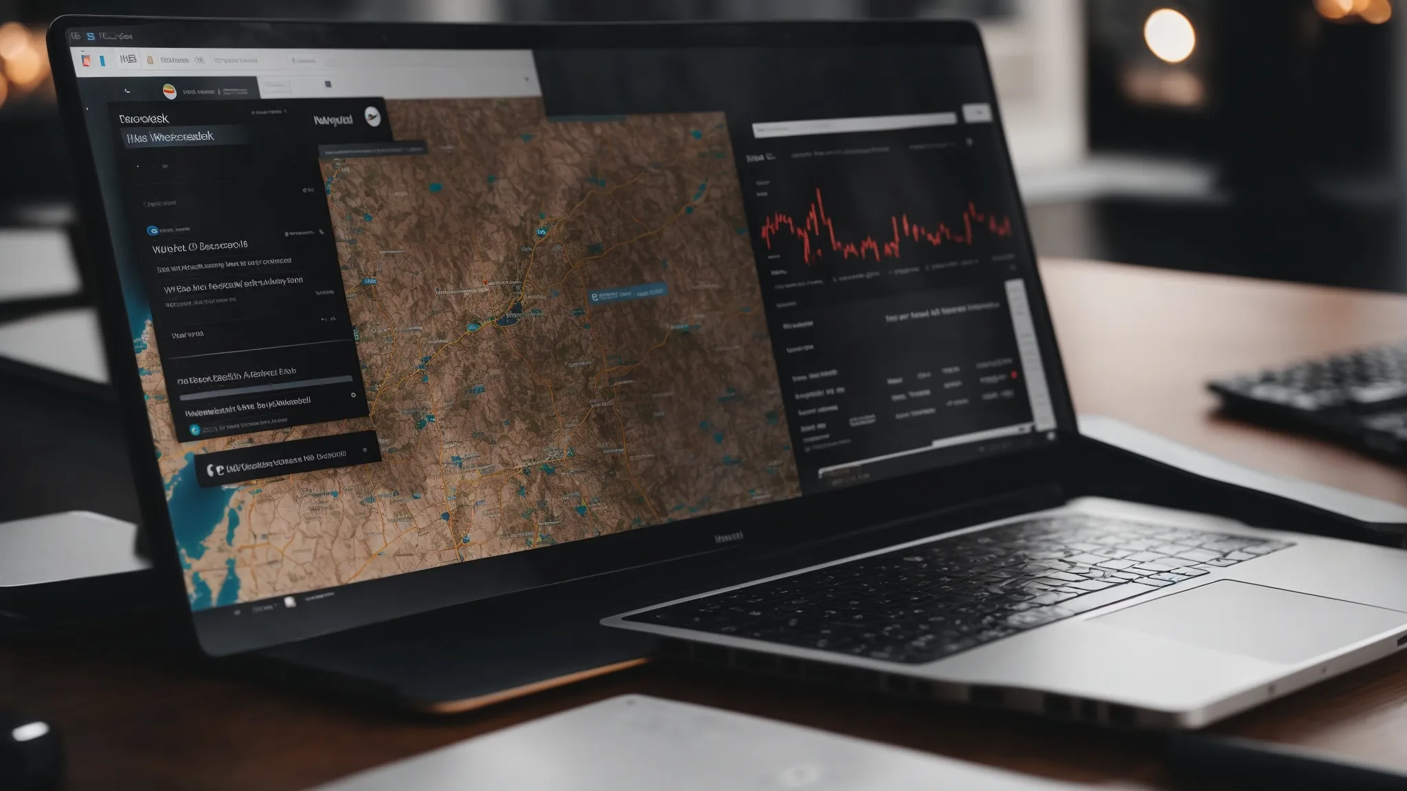 a laptop with a wordpress dashboard open, surrounded by location-based seo analytics on the screen.