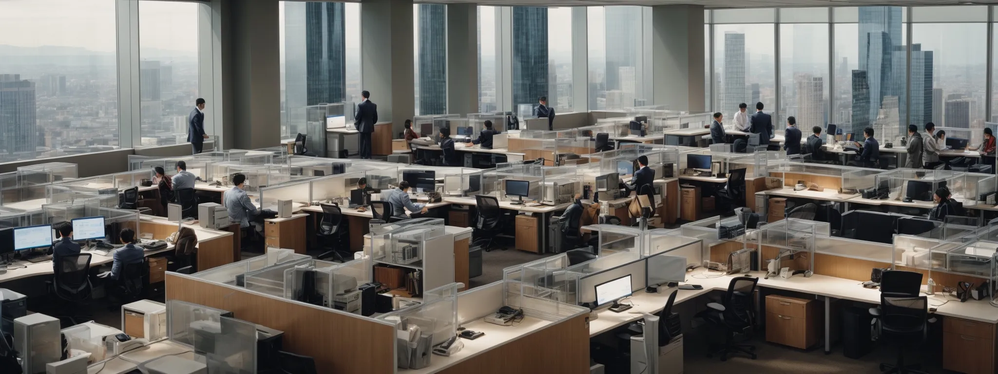 a panoramic view of a bustling corporate office floor with teams collaborating around large desks, against a backdrop of city skyscrapers.