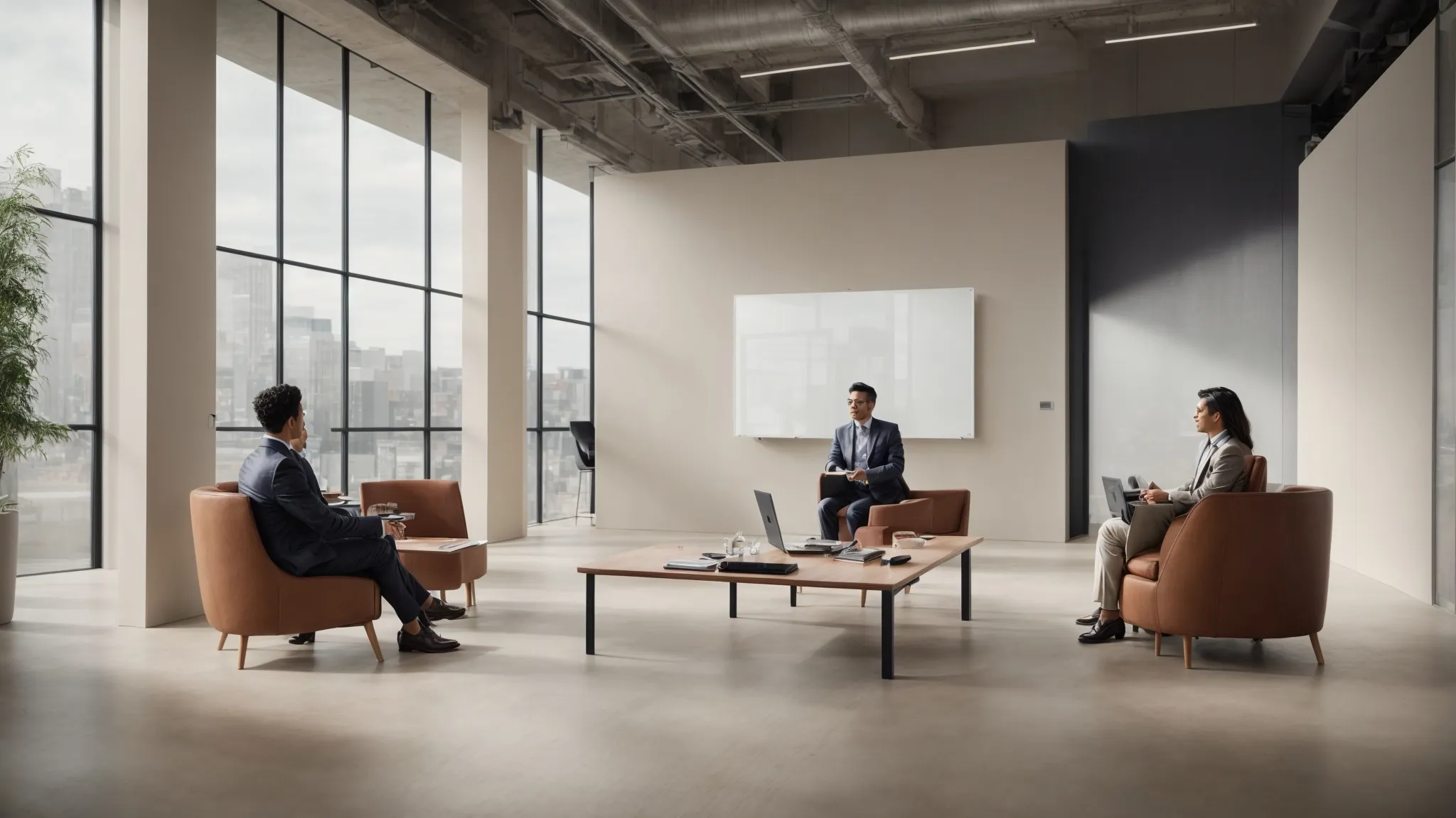 two professionals are sitting in a modern office, one gesturing in explanation to the other in front of a blank presentation screen.