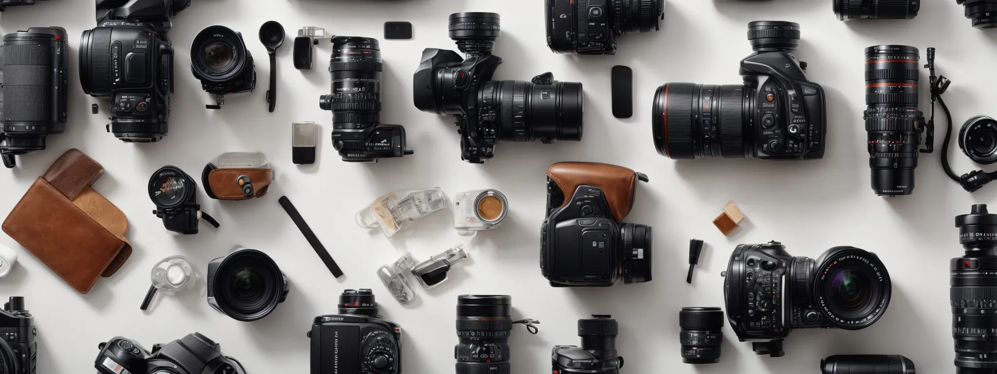 a professional camera focuses on a neatly arranged product against a clean, white background.