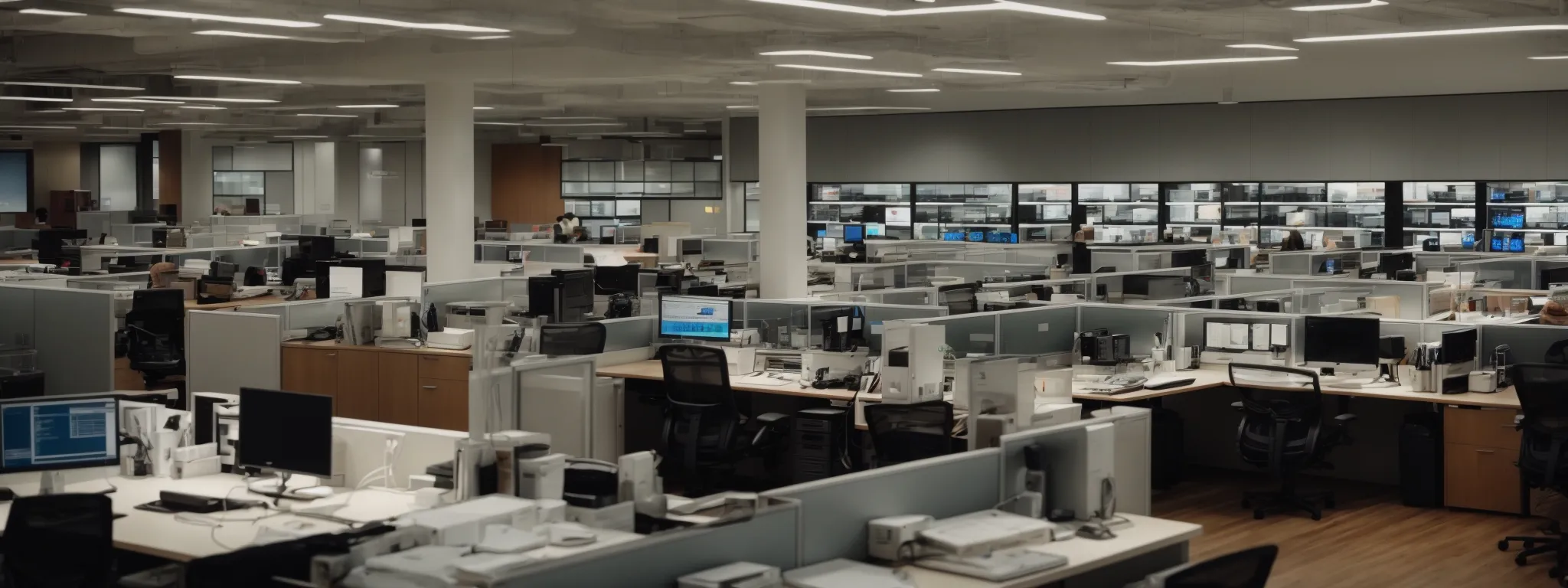 a sprawling office space filled with computer monitors displaying search results.