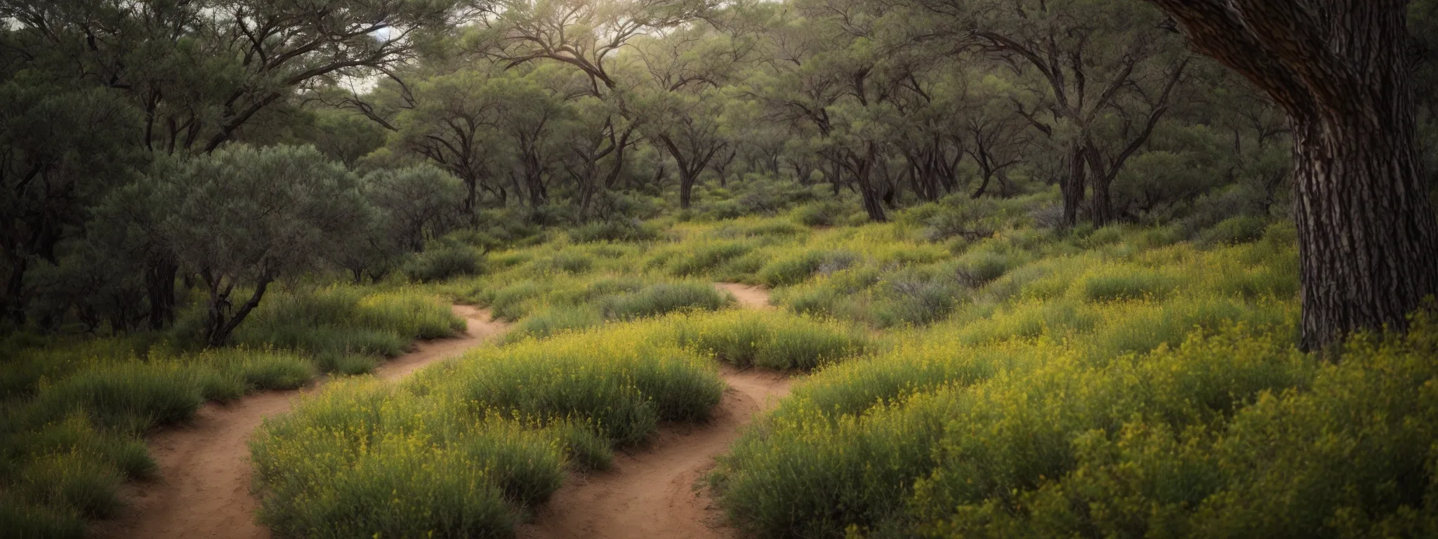 a path winding out of a barren desert into a lush, vibrant forest.