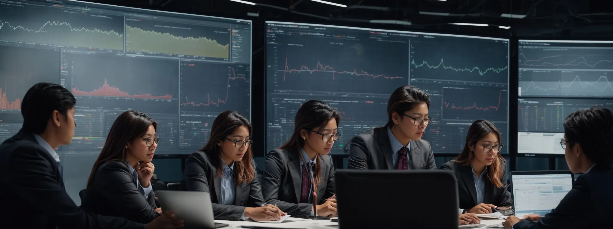 a group of marketing professionals intently studies graphs and charts on a large monitor displaying website traffic and call volumes.