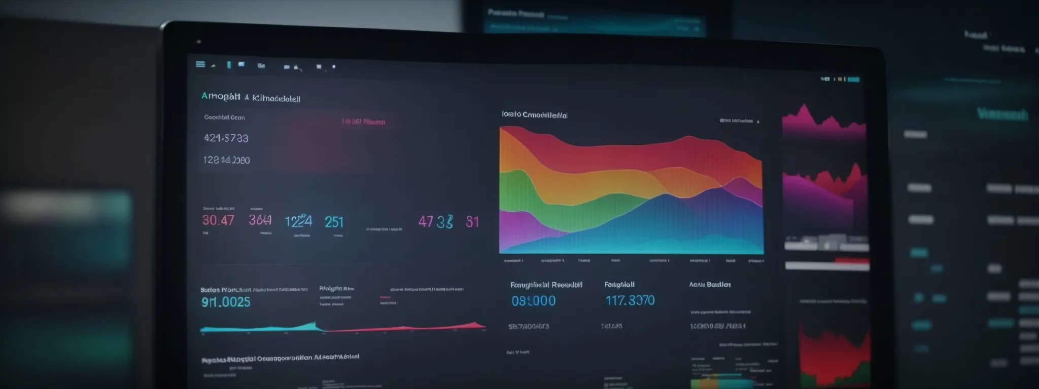 a computer screen displays a colorful analytics dashboard showing search engine rankings for various keywords.