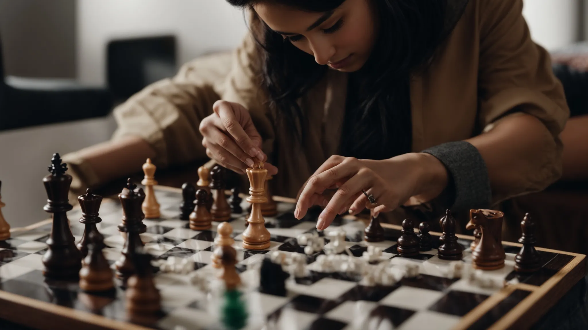 a brand strategist arranges chess pieces on a board, symbolizing the planning of influencer partnership moves.