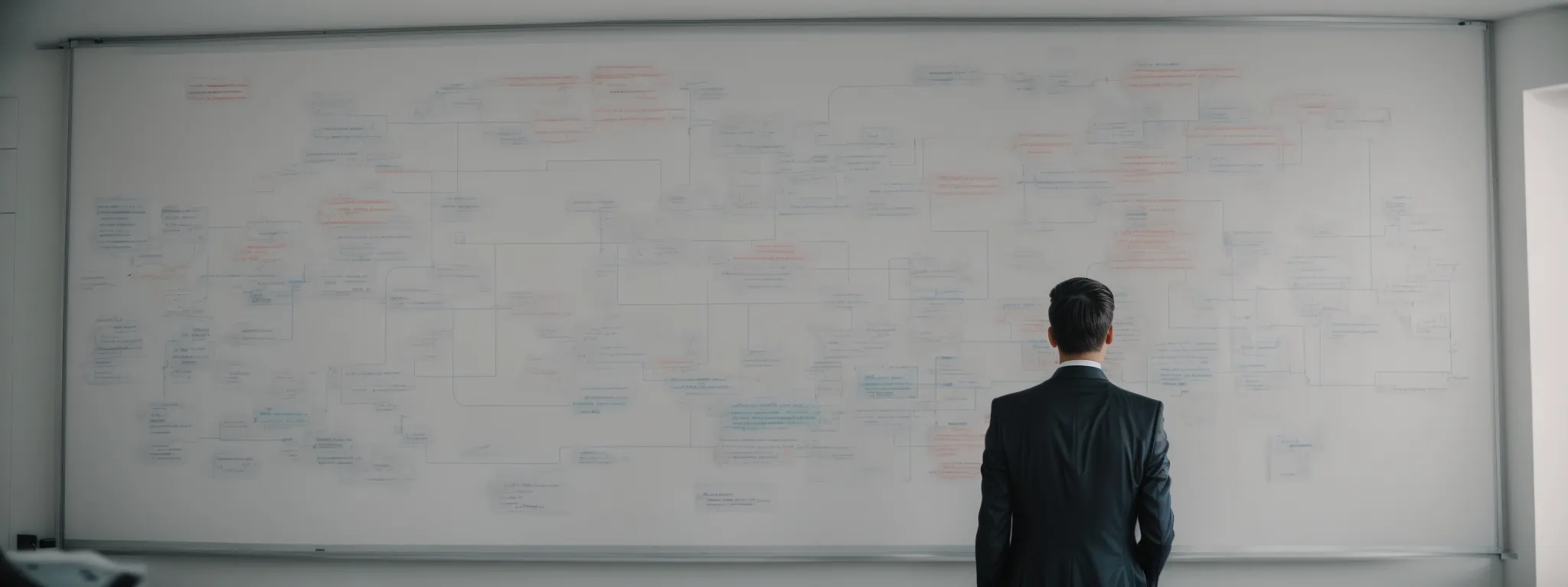 a businessperson stands before a large, vivid seo flowchart on a whiteboard, contemplating strategies.