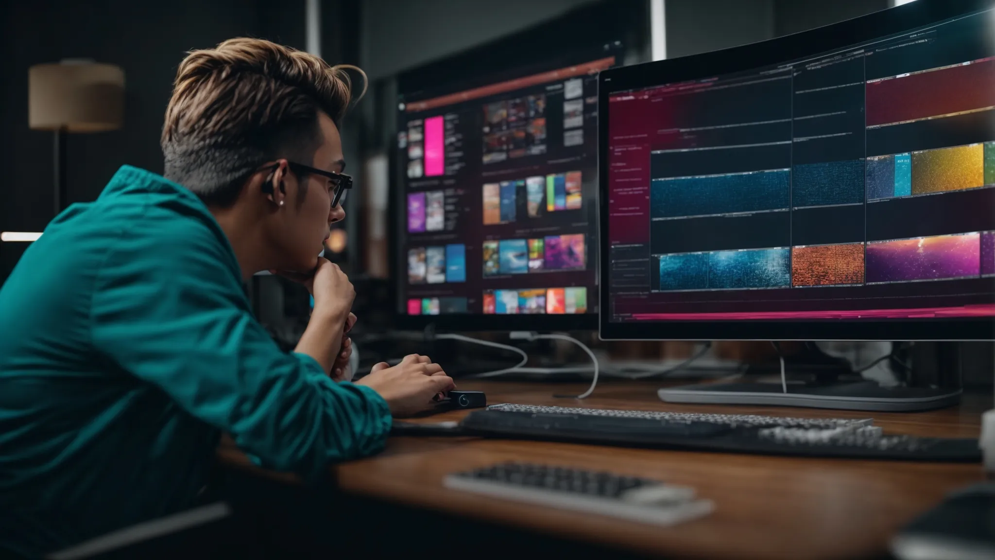 a content creator intently analyzes colorful customer persona profiles on a computer screen while strategizing seo content.