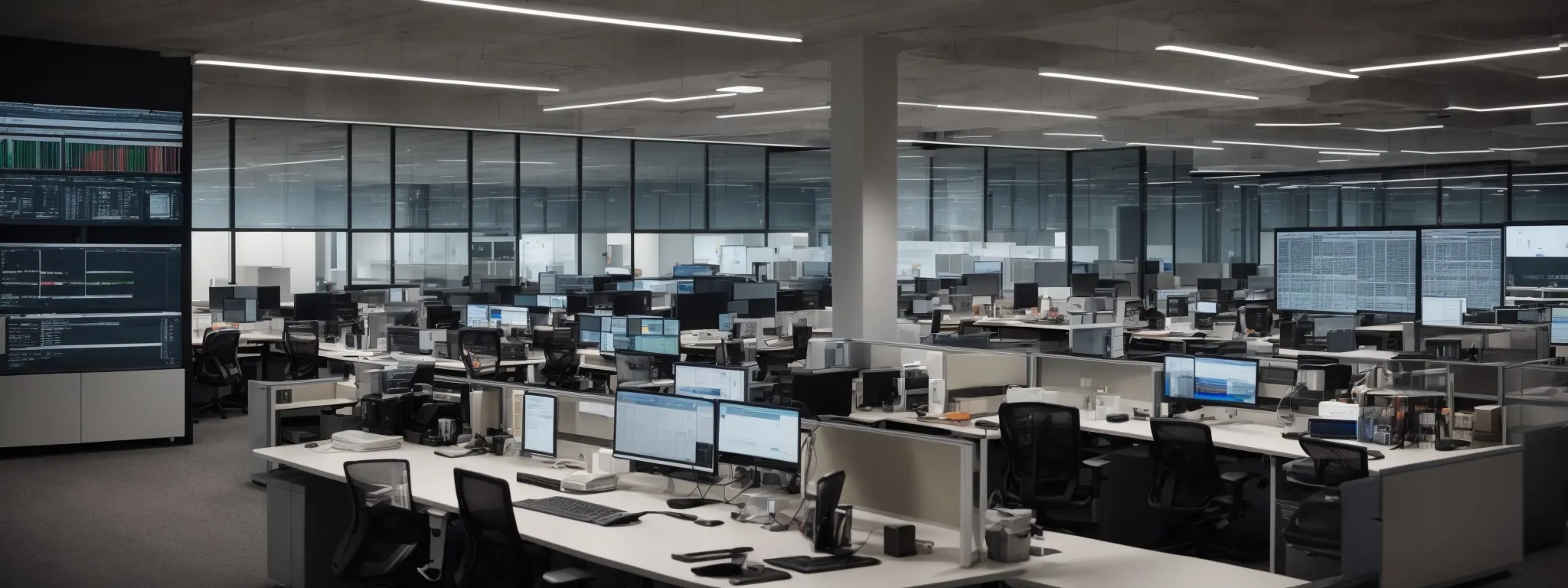 a modern office space with an open desk layout, featuring high-tech computers with multiple screens showcasing interactive sales dashboards.