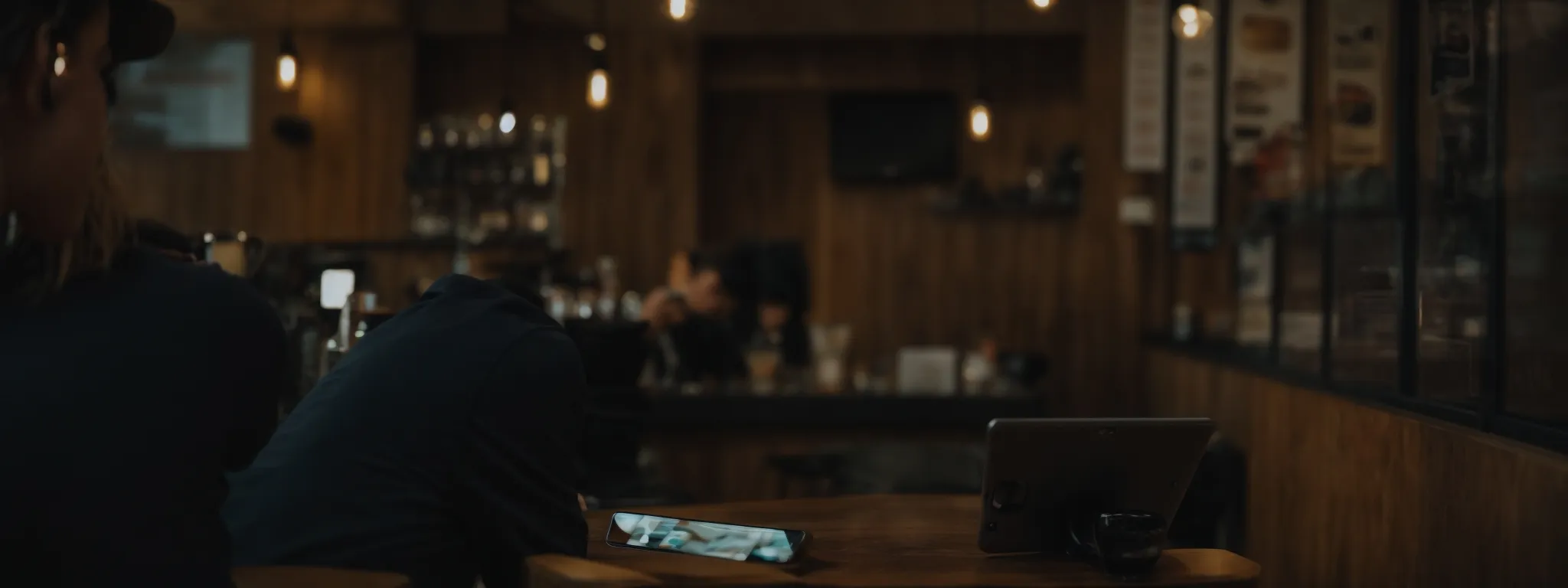 a small business owner reviews customer feedback on a tablet in a cozy coffee shop.