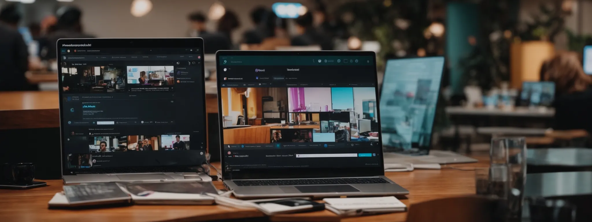 a laptop displaying a vibrant social media feed on its screen against the backdrop of a lively co-working space.