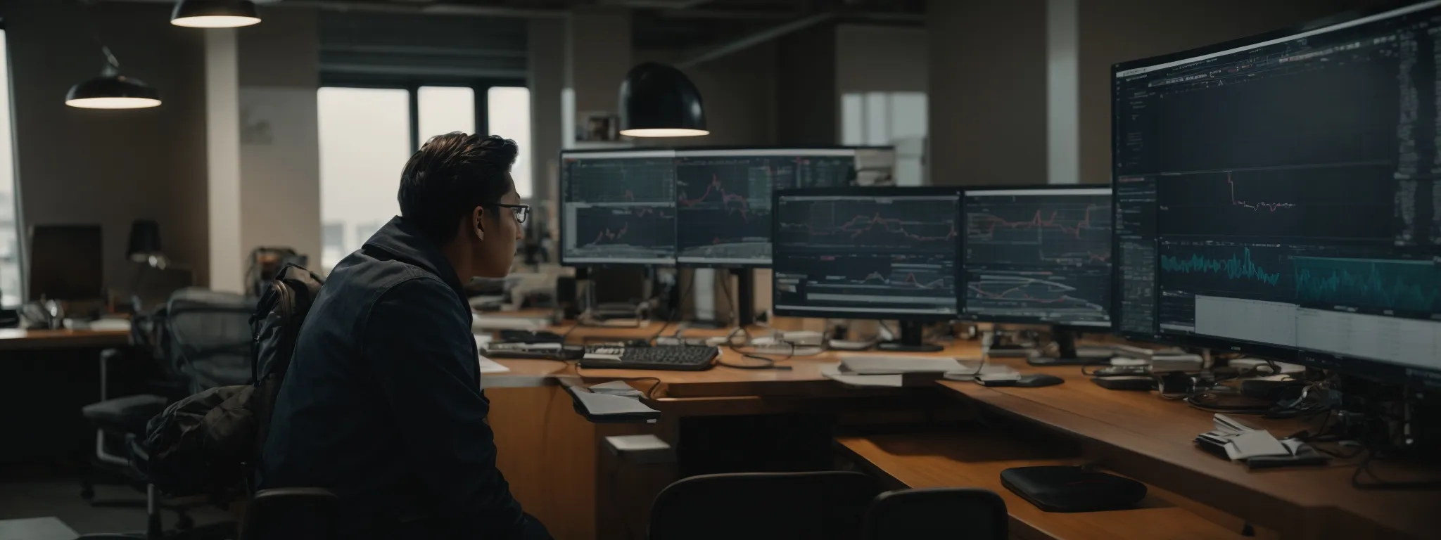 a person intently analyzing charts and graphs on a computer screen in a modern, well-lit office.