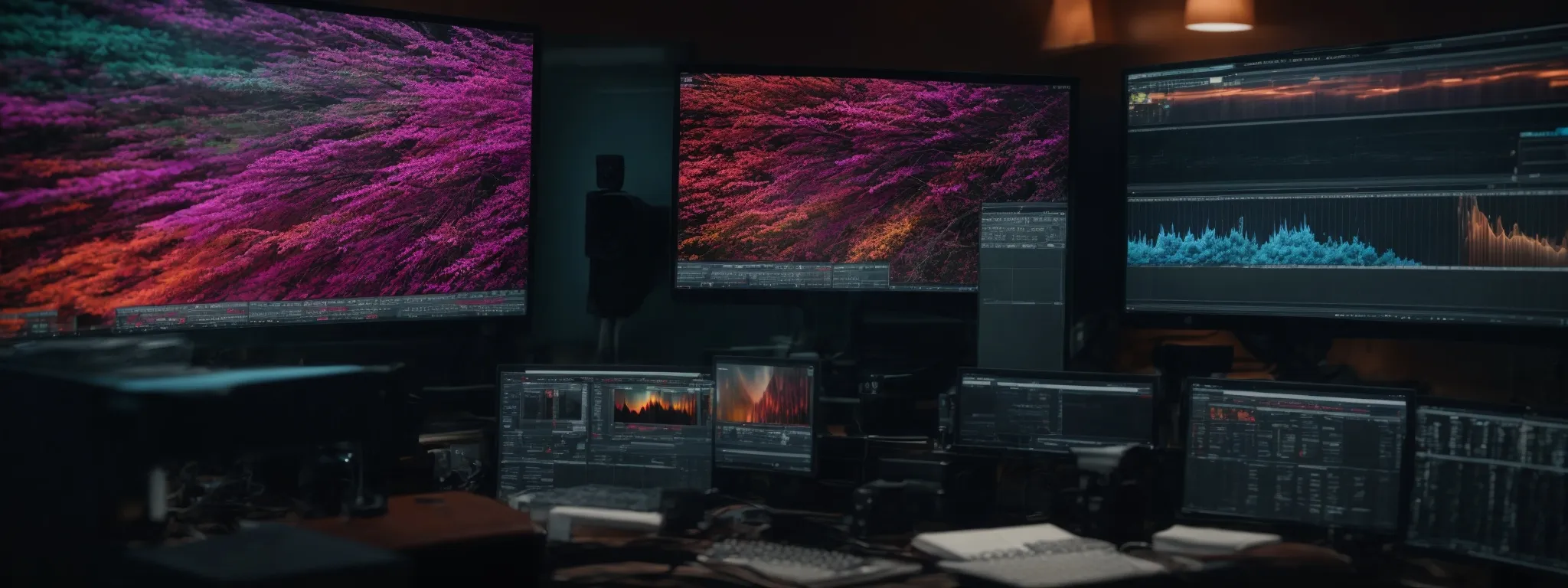 a filmmaker intently studies a computer screen displaying a vibrant, explosive visual effect sequence within a sophisticated video editing software interface.