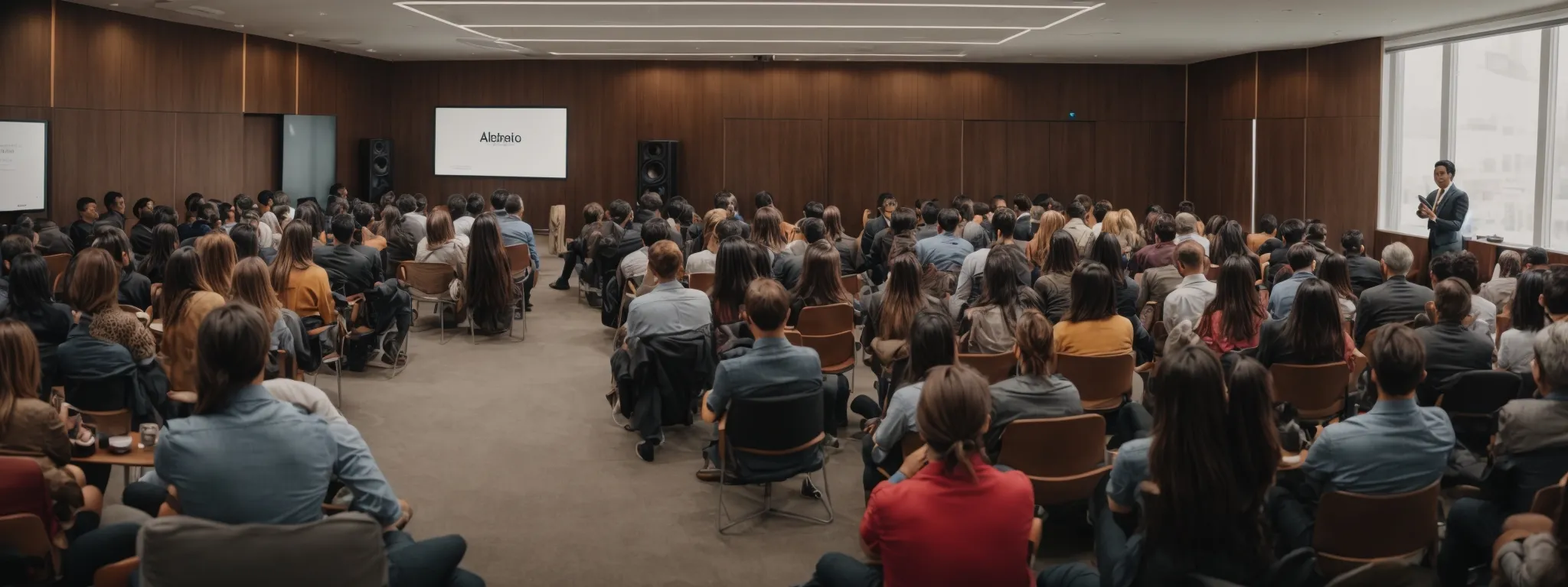 a lively conference room at airbnb's headquarters with a speaker presenting to an engaged audience.