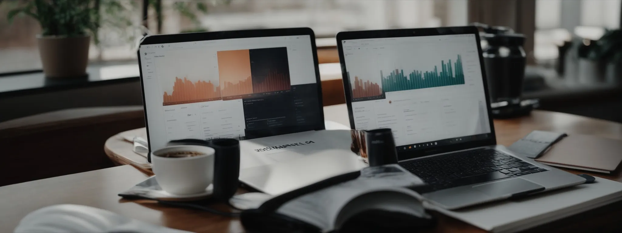 a laptop open to an analytics dashboard, set on a desk next to a cup of coffee and a pair of glasses.