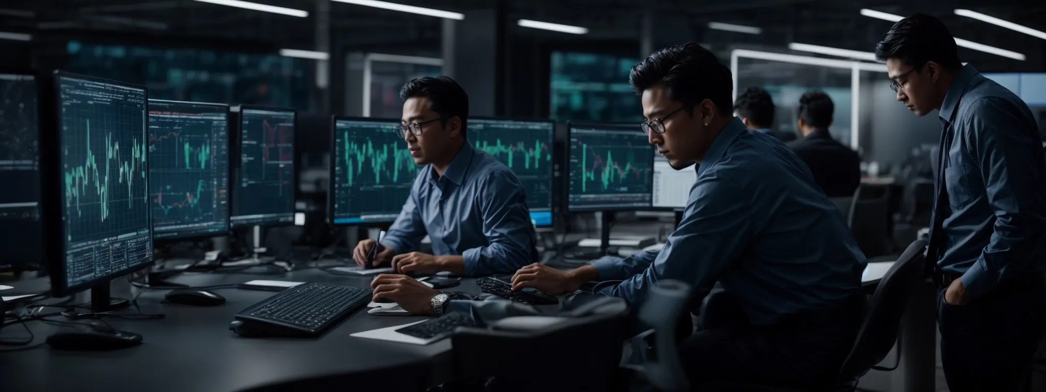 a group of it professionals intensely studies computer screens displaying complex graphs and data analytics.