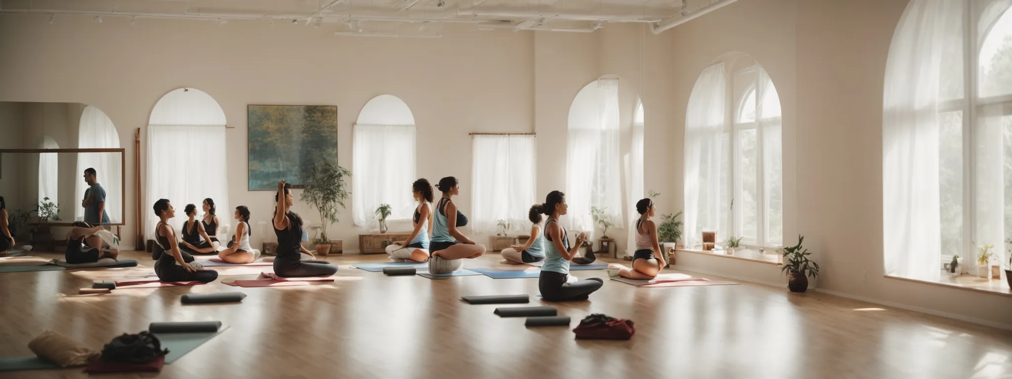a serene yoga studio filled with natural light where a group of peaceful practitioners engage in a harmonious morning session.