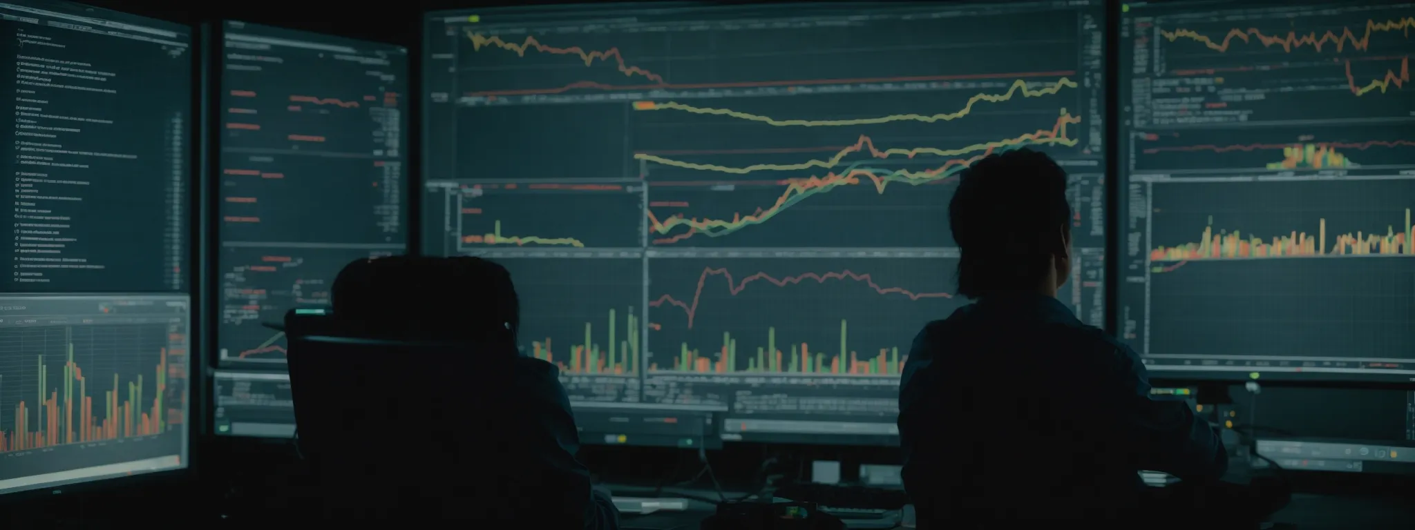 a person sits before a large computer screen, scrutinizing a complex web analytics dashboard that charts website performance metrics.