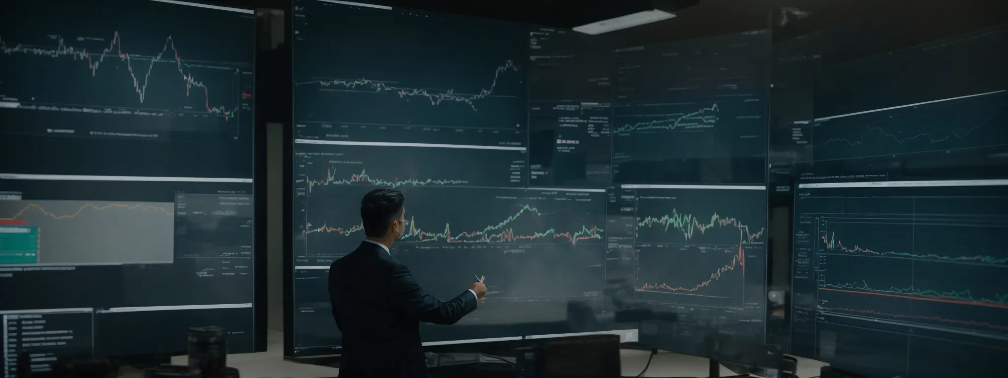 a marketer scrutinizes interactive analytics dashboards on a large screen.
