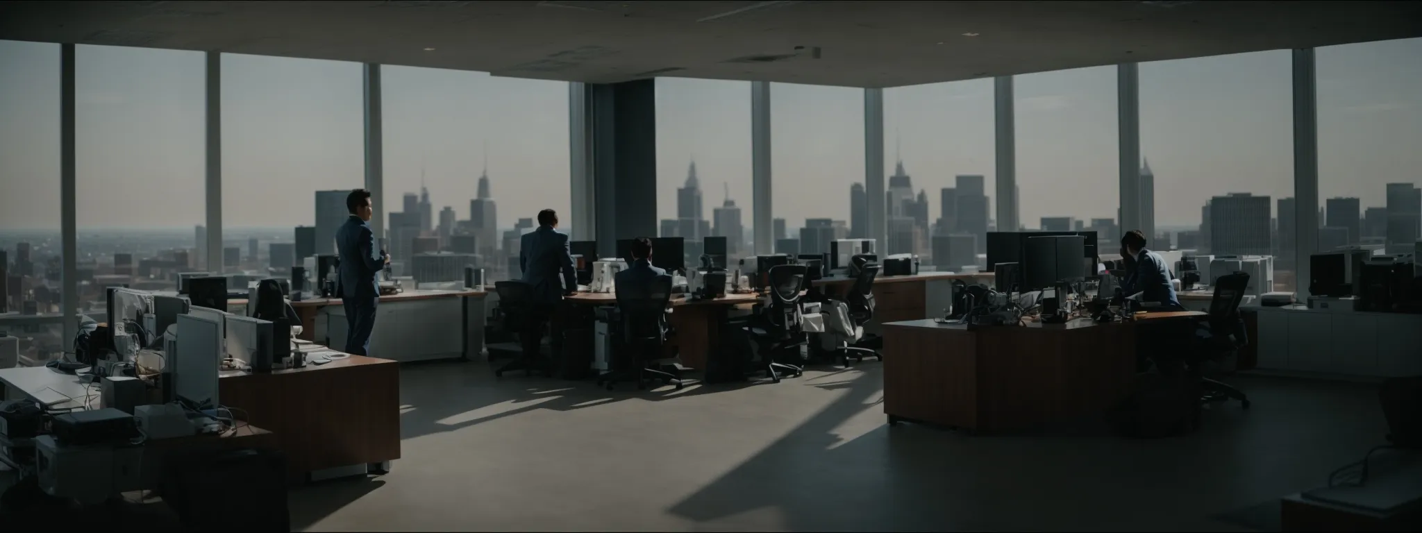 a modern office in detroit with a panoramic view of the city skyline, showing tech professionals working on computers.