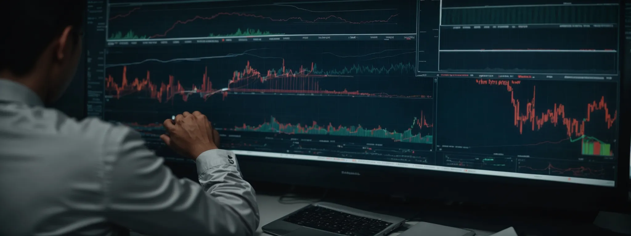 a person intently analyzes complex graphs and charts on a computer screen, reflecting seo strategy development.