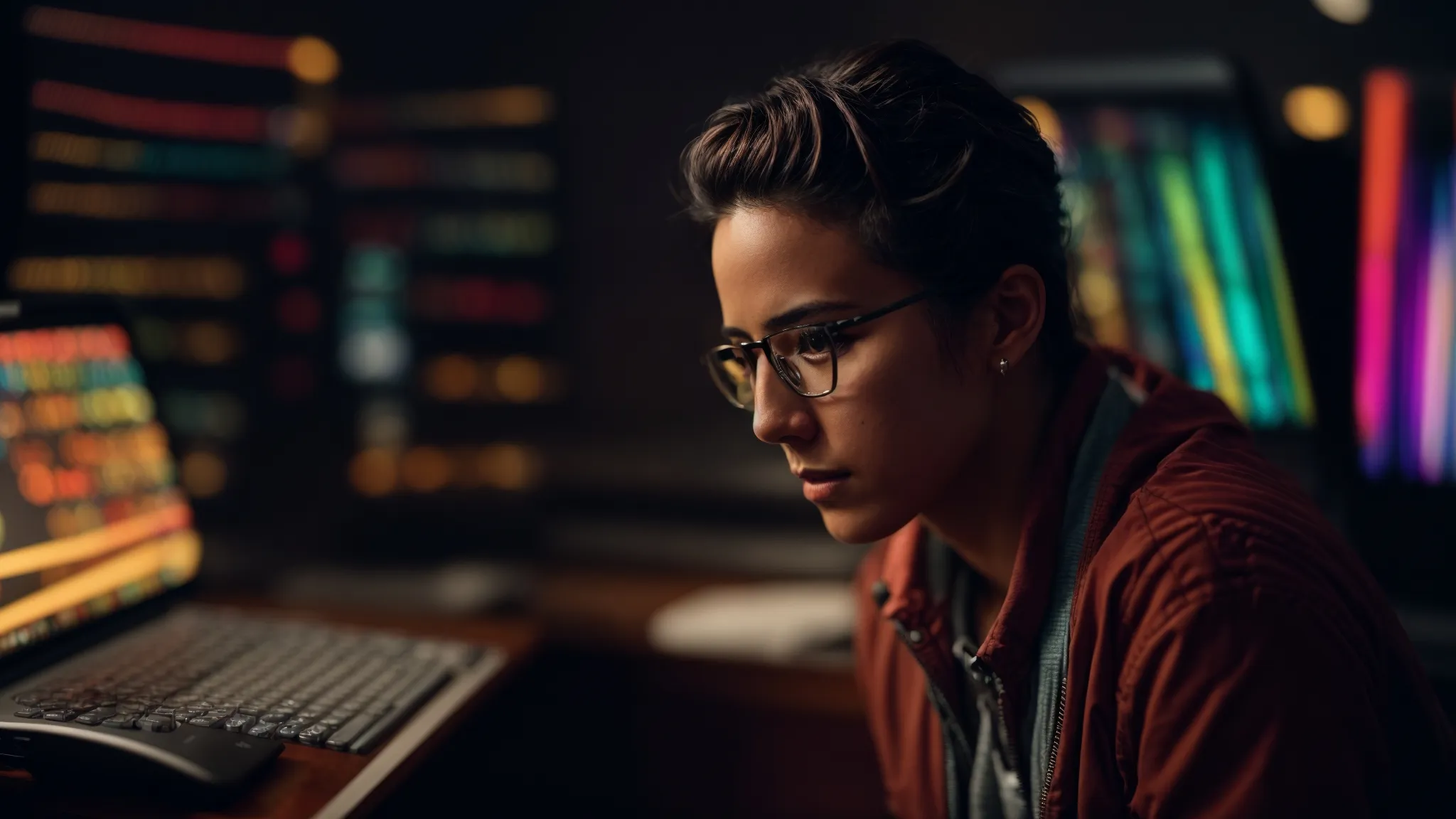 a focused individual gazes intently at a computer screen displaying a colorful array of search engine results.