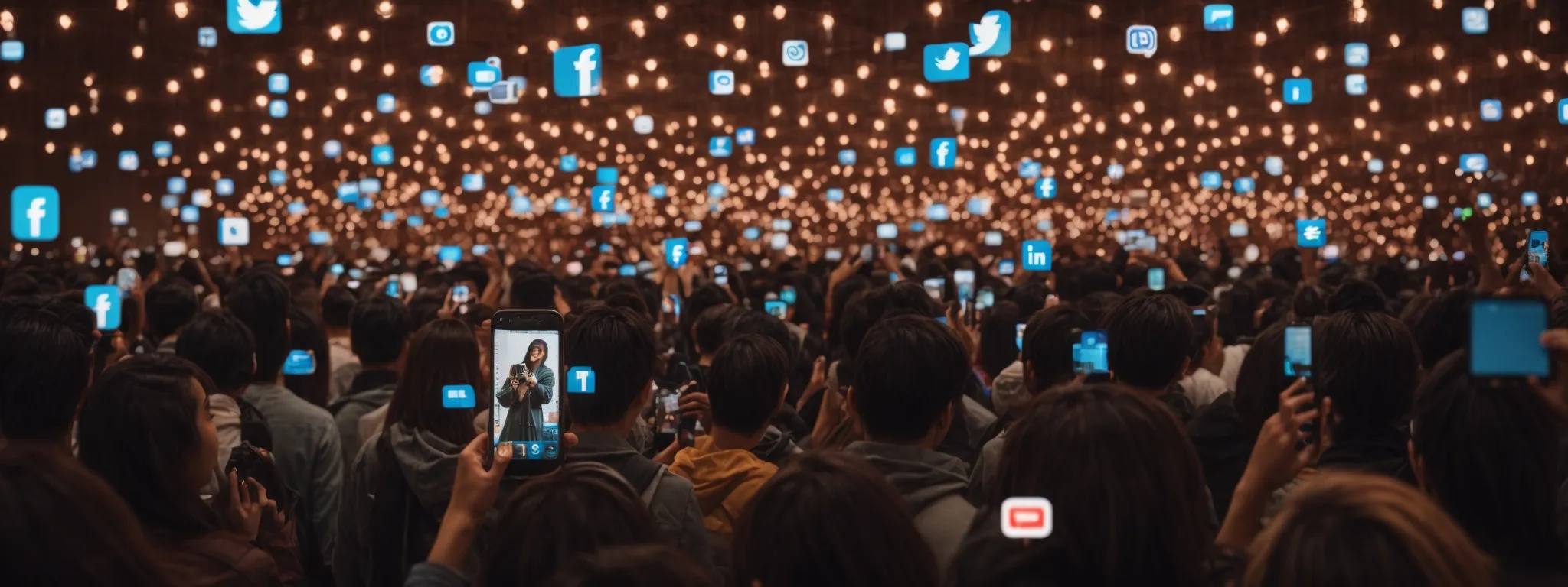 an array of glowing social media icons emanating from a smartphone screen into a room filled with people.