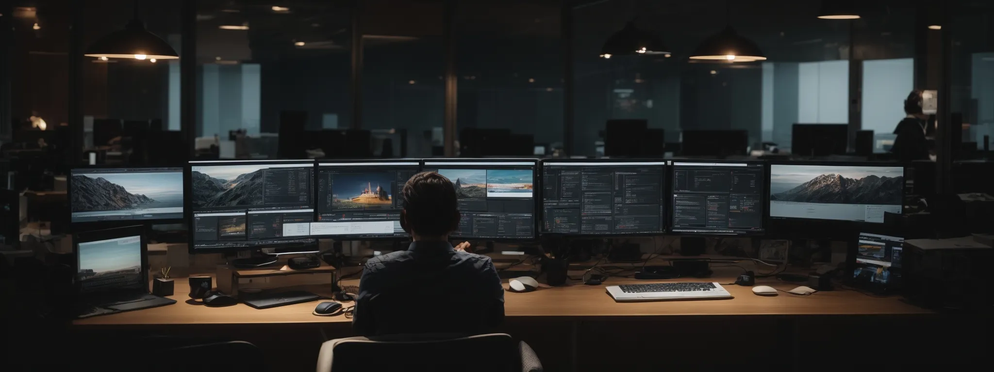 a person sitting at a desk with multiple screens, actively engaged in optimizing a website's seo.