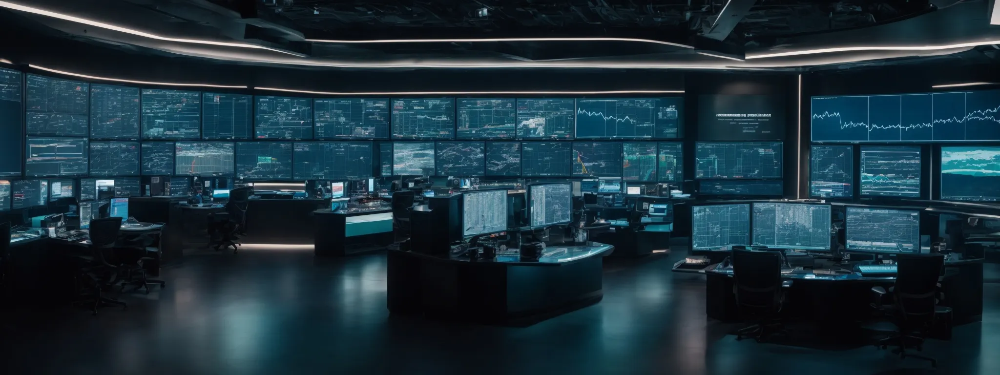 a futuristic command center with large screens displaying complex data analytics and interactive seo dashboards.