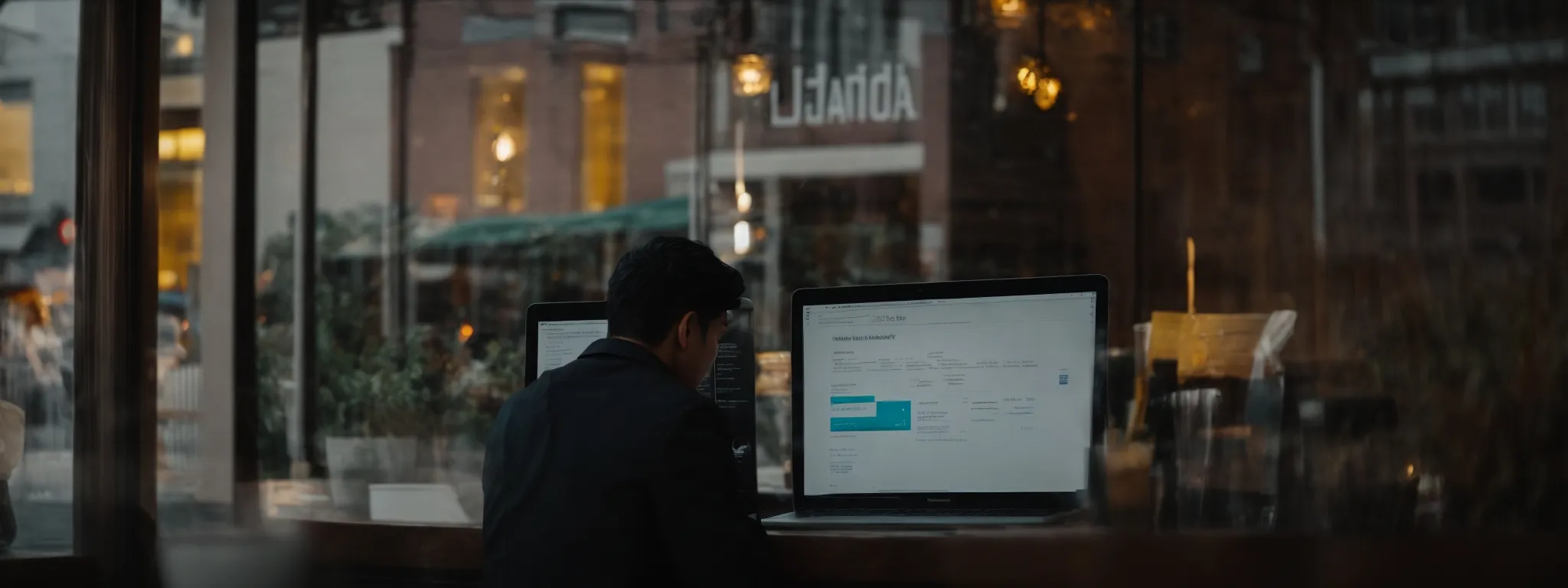 a person sitting at a cafe in harrisburg, intently studying a laptop screen displaying analytics data.