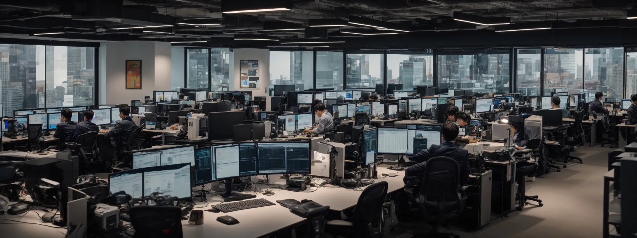 a panoramic view of a bustling digital marketing office with computers displaying graphs and analytics.