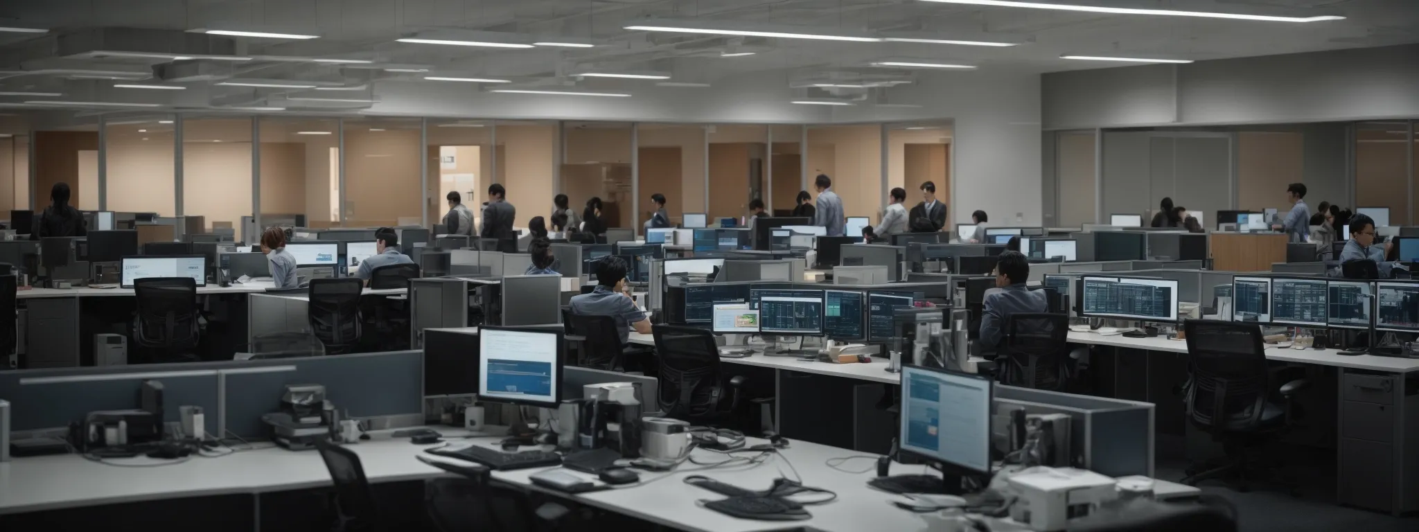 a modern office setting with clusters of computer workstations where customer support agents are engaging with various software on multiple screens.