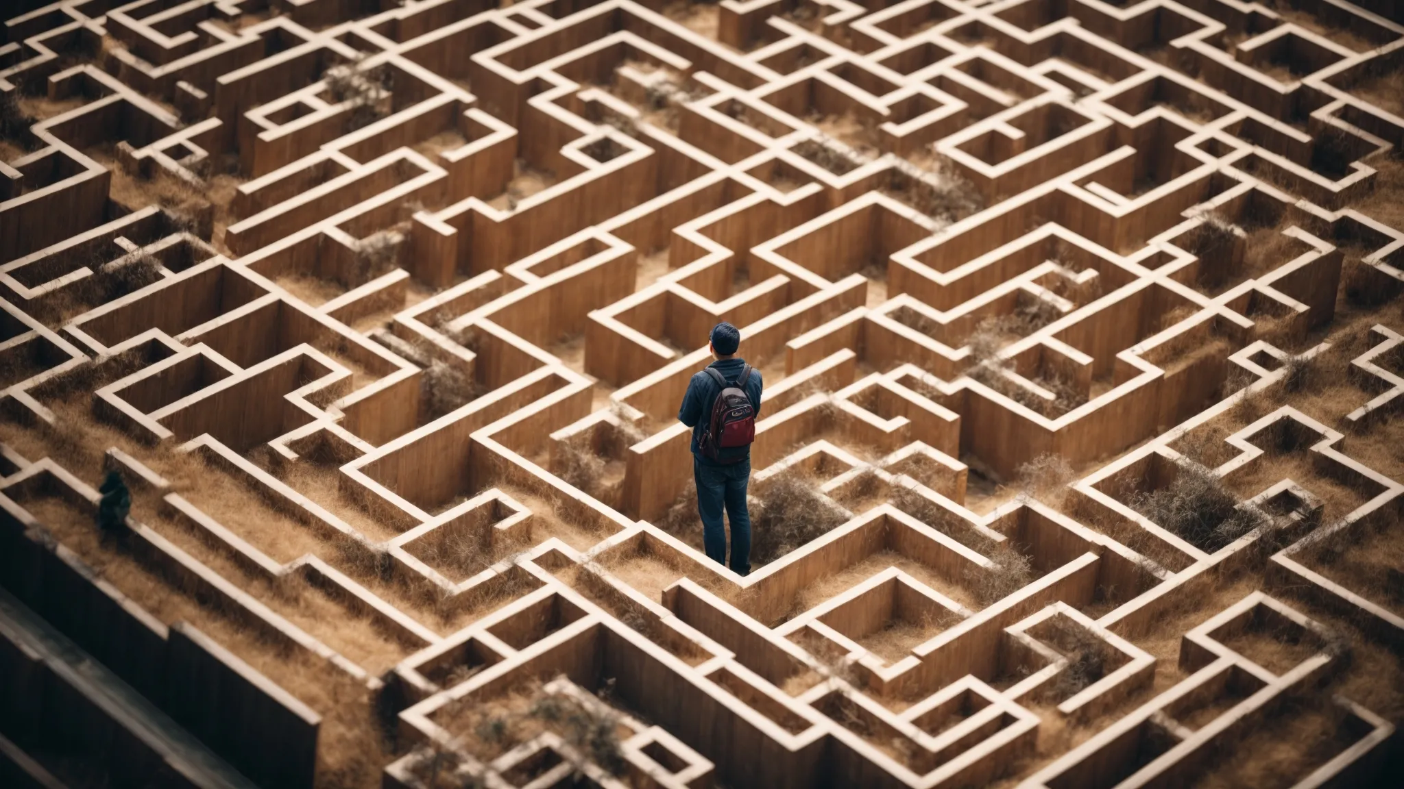 a webmaster curiously observing an expansive, intricate maze from above, symbolizing the complexity of google's url indexing process.