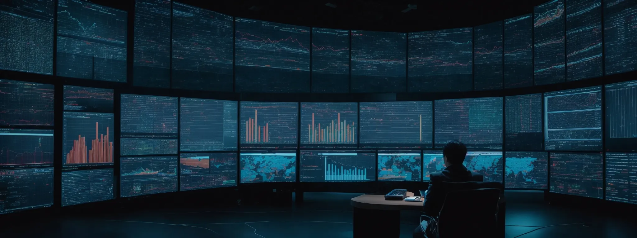 a person sits in front of a massive array of screens displaying web analytics and ai data visualizations.