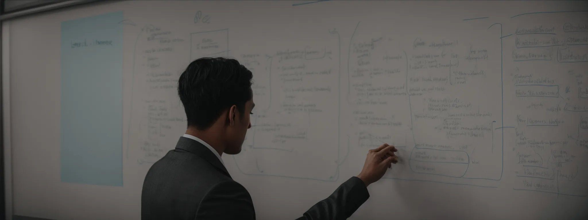 a focused individual reviews a structured flowchart on a whiteboard illustrating steps for lms integration.